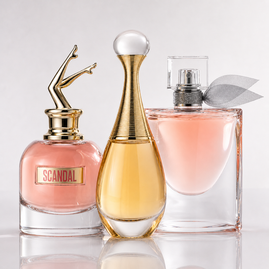 Combo aus 3 Damenparfums – Scandal von Jean Paul Gaultier, J’adore von Dior und La Vie Est Belle von Lancôme
